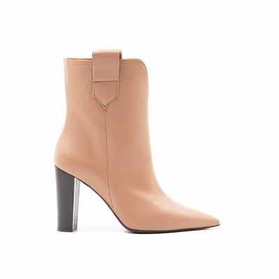 Point toe ankle boot in beige leather with block heel 