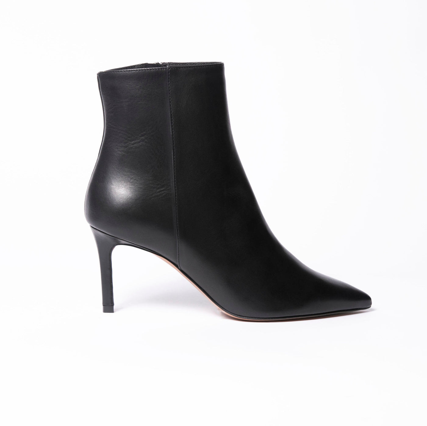Black leather stiletto ankle boot. 
