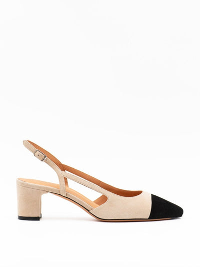 two tone heeled slingback sandal in beige suede
