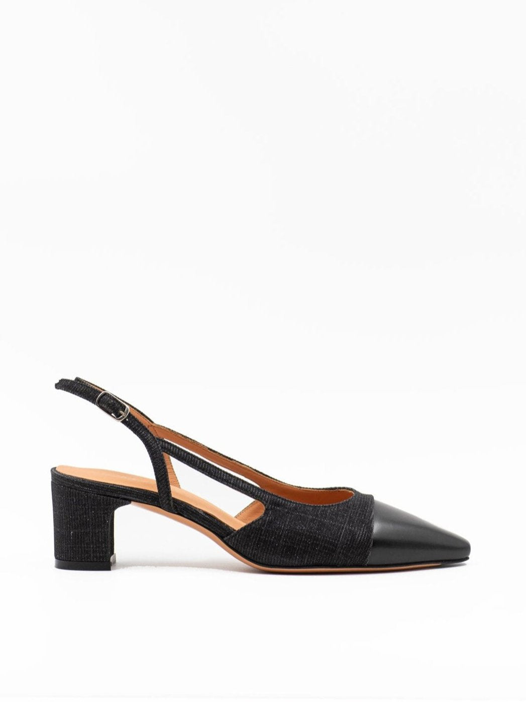 two tone heeled slingback sandal in black glitter
