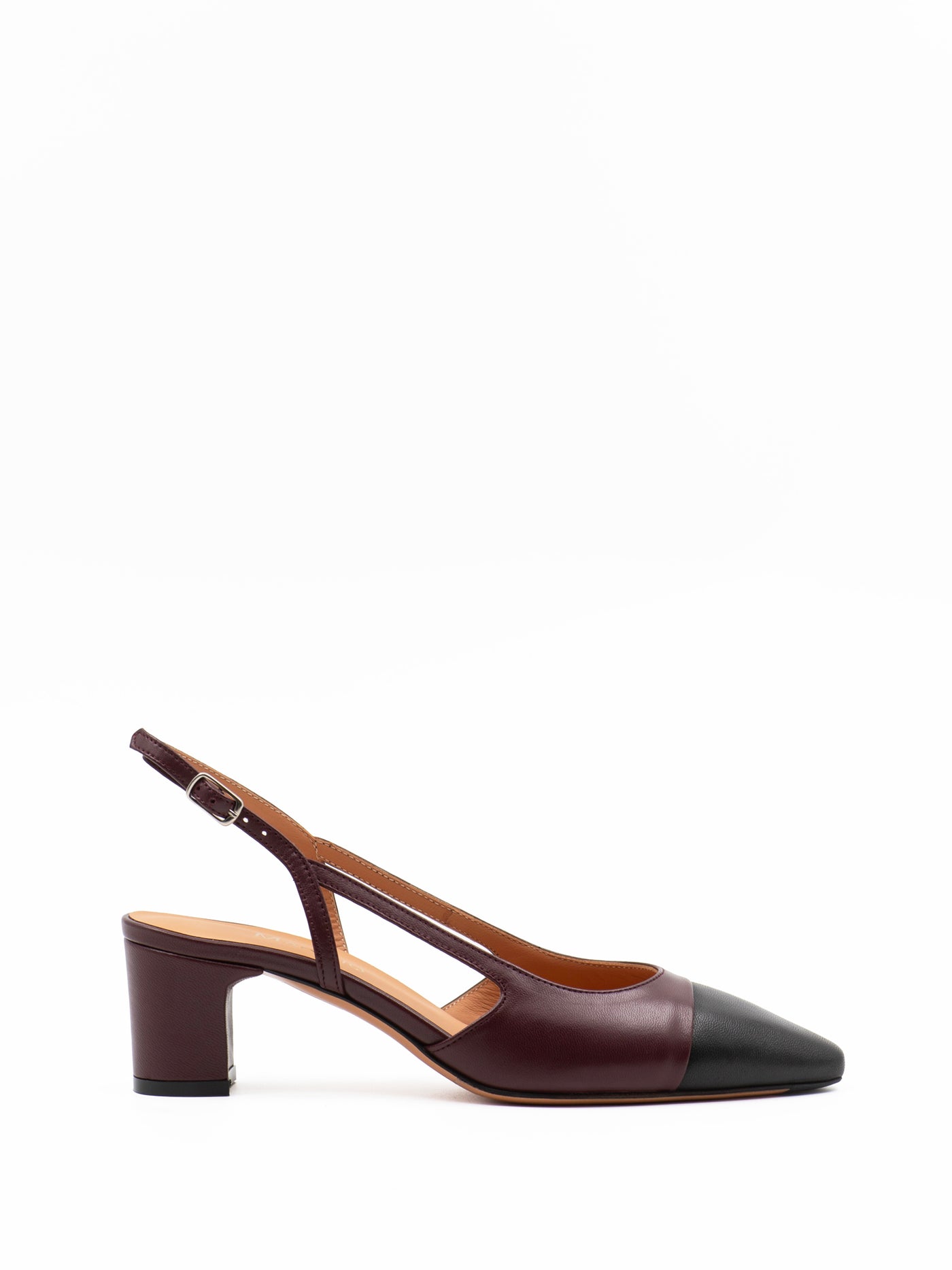 Two-tone slingback sandals in burgundy