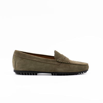 Green suede car shoe with rubber sole