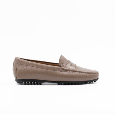 Beige leather driving shoe with rubber sole