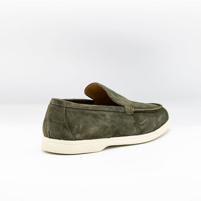 City loafer, Summer walk in khaki suede set on a white rubber sole. 