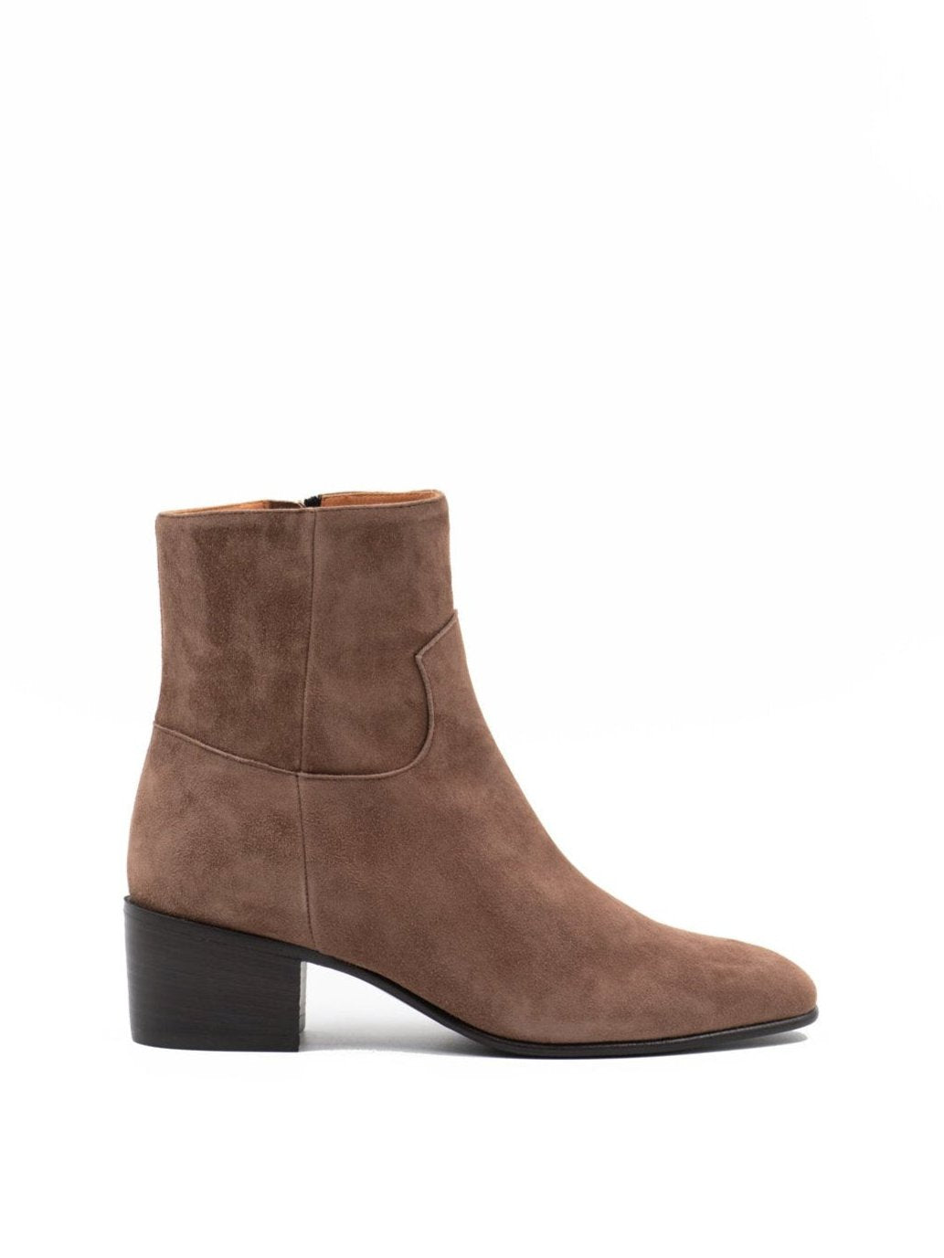 Beige suede leather ankle boots with a 50 mm block heel. 