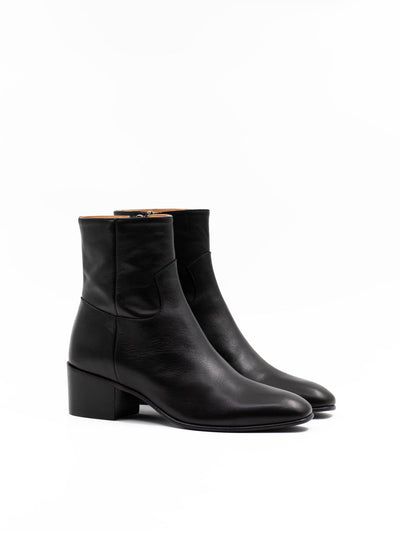 Black leather ankle boots with a 50 mm block heel. 
