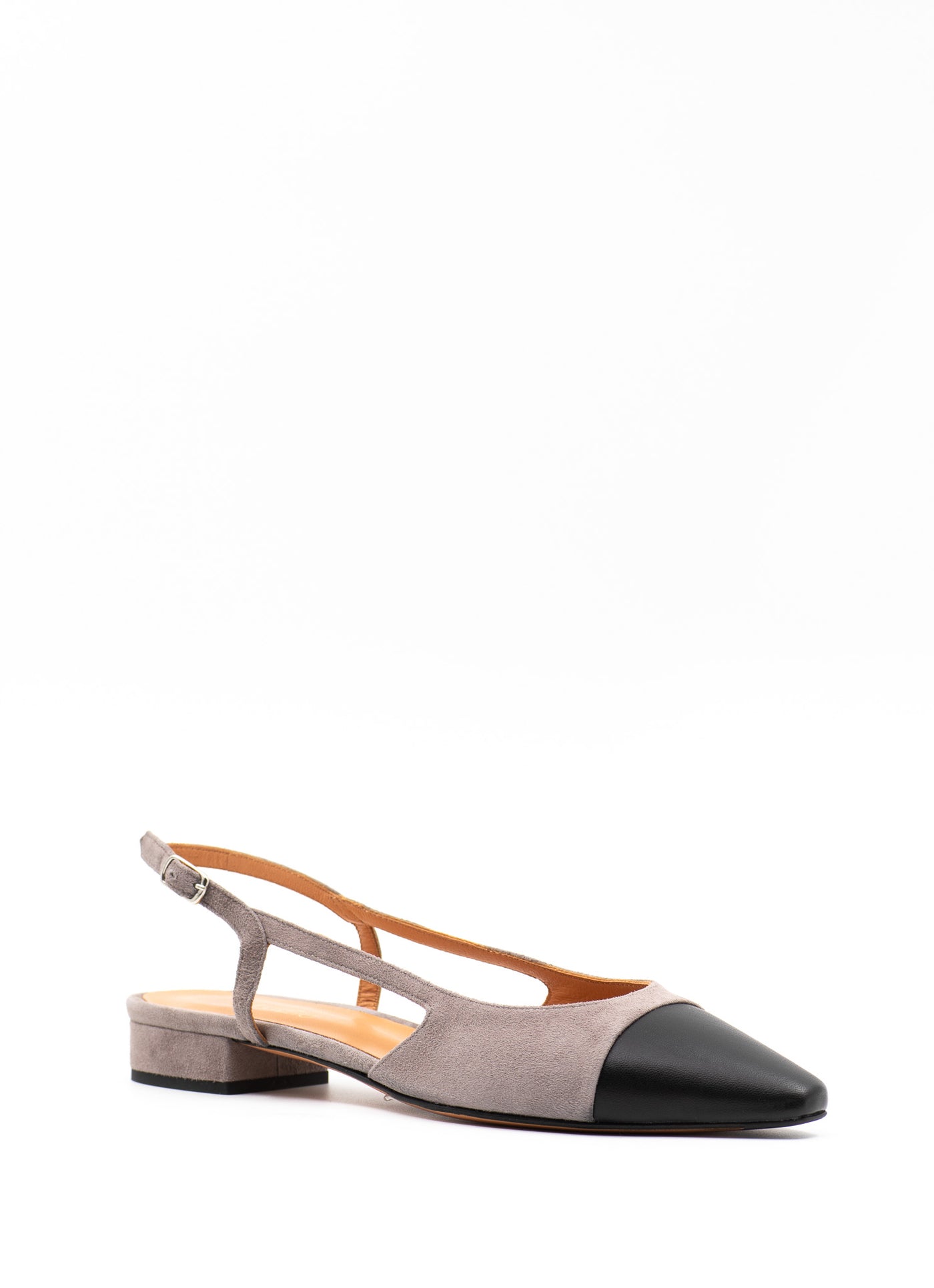 Grey suede flats with black toe