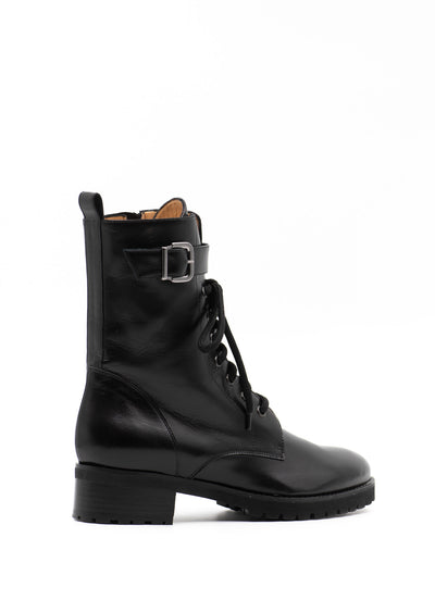 Women's black leather boots with buckle
