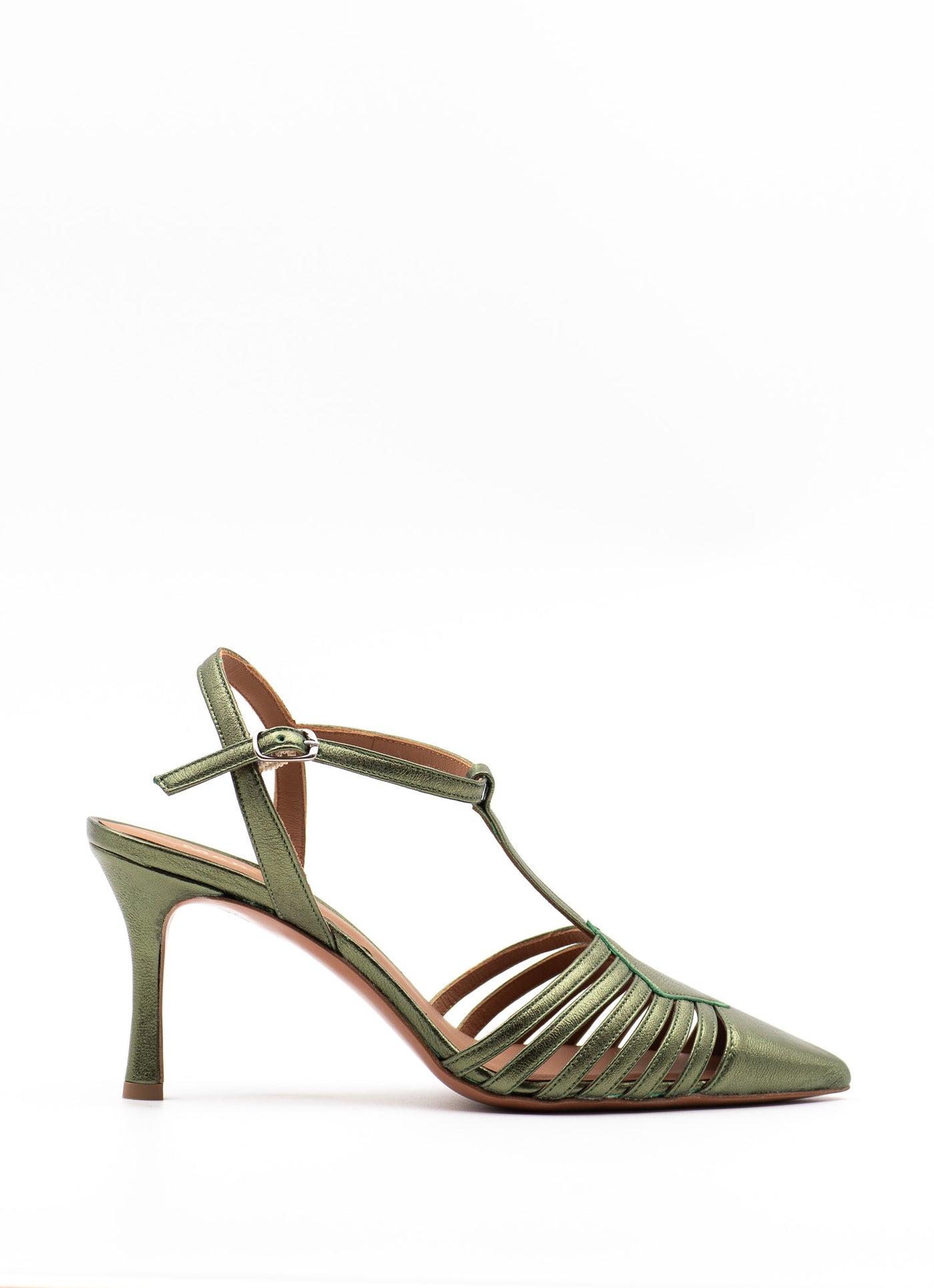 Caged Point-toe Green Metallic Sandal