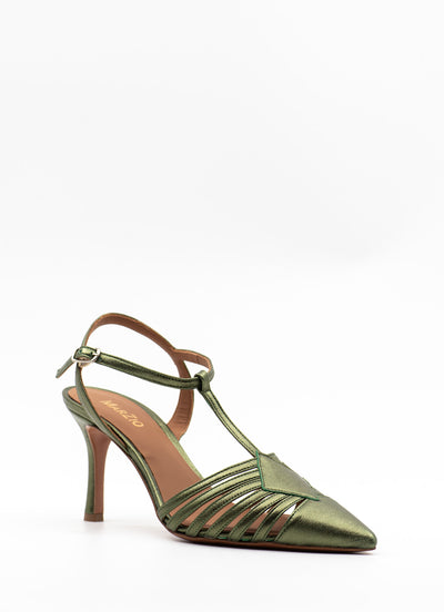 Caged Point-toe Green Metallic Sandal