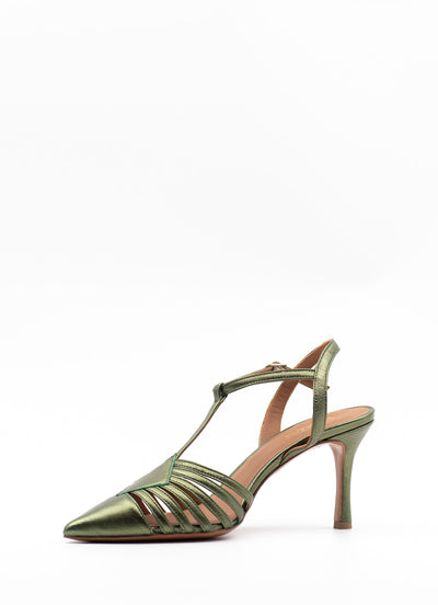 Caged Point-toe Green Metallic Sandal