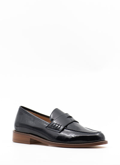 Navy patent leather loafers