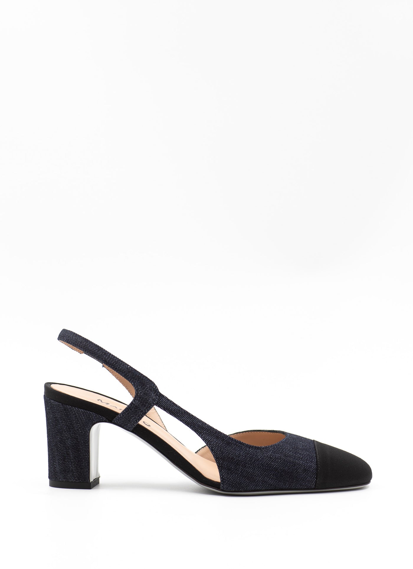 Denim slingback sandals with black grosgrain toe