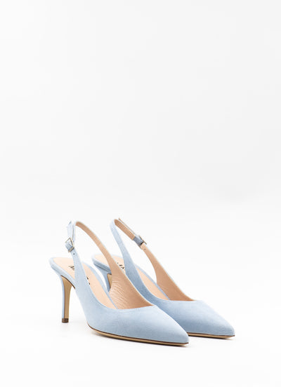 Heeled slingback in light blue suede