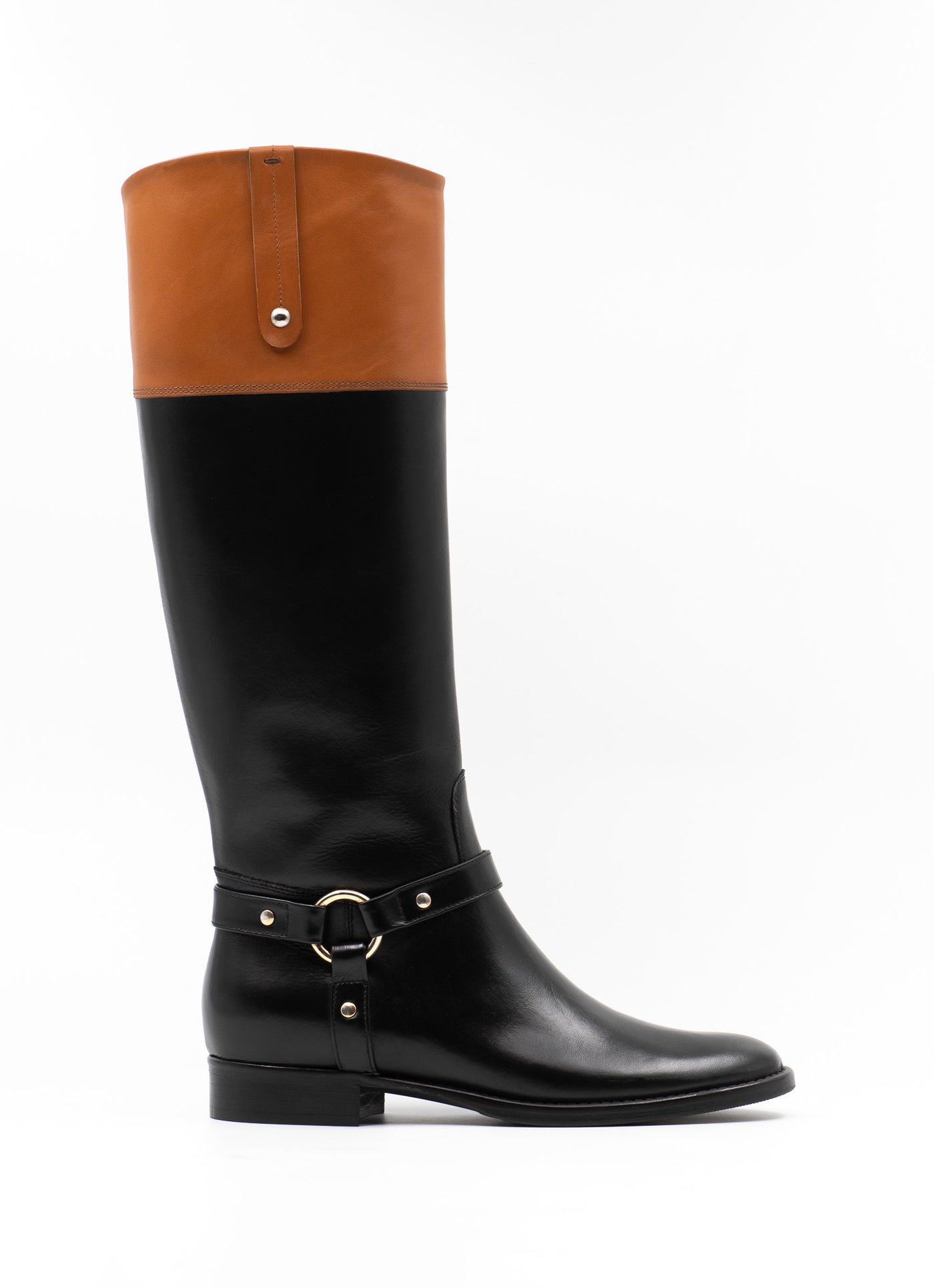 Embellished riding boot in black and brown