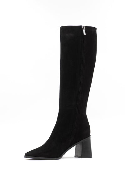 Block Heel Suede Boots in Black