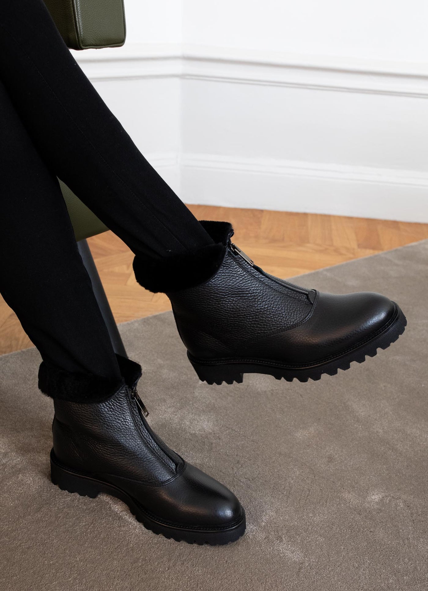 Zip-up shearling-lined ankle boots in grained leather