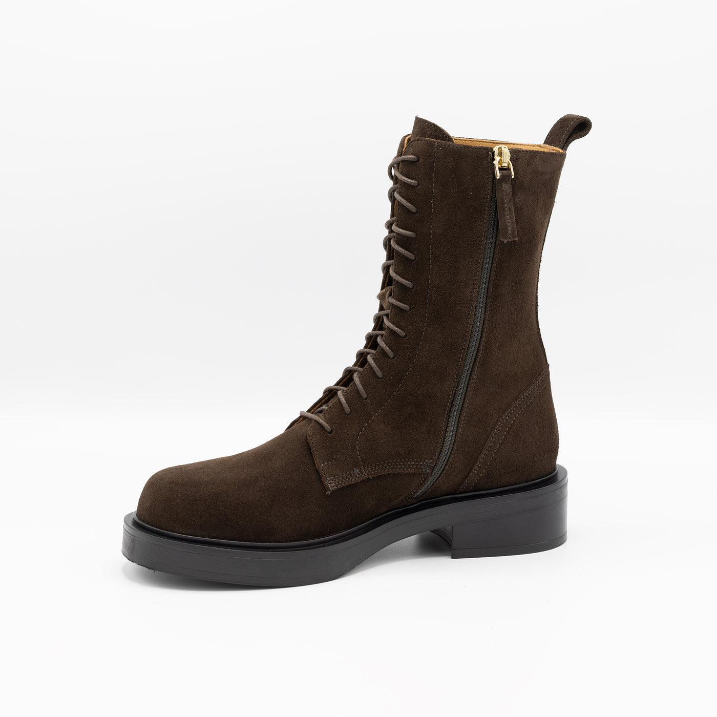 Brown suede leather combat boots with zipper