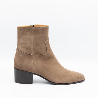 Beige suede ankle boot with block heel and almond shaped toe.  