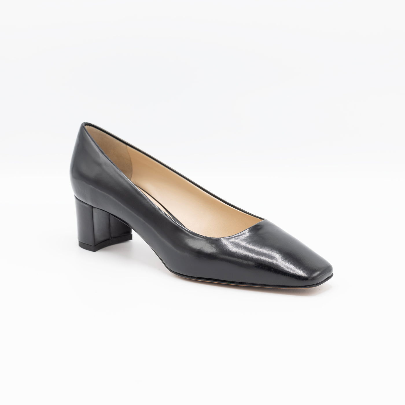 Square toe black patent pump with block heel. Leather soles. 