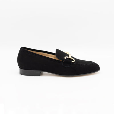 Black suede leather loafers with golden horsebit. 