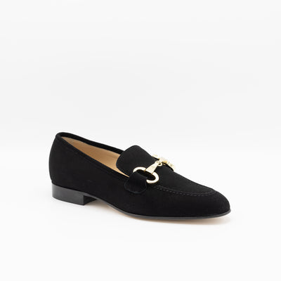 Black suede leather loafers with leather soles. 