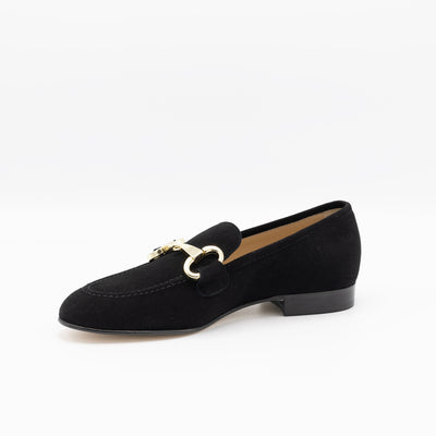 Black suede loafers with godlen buckle