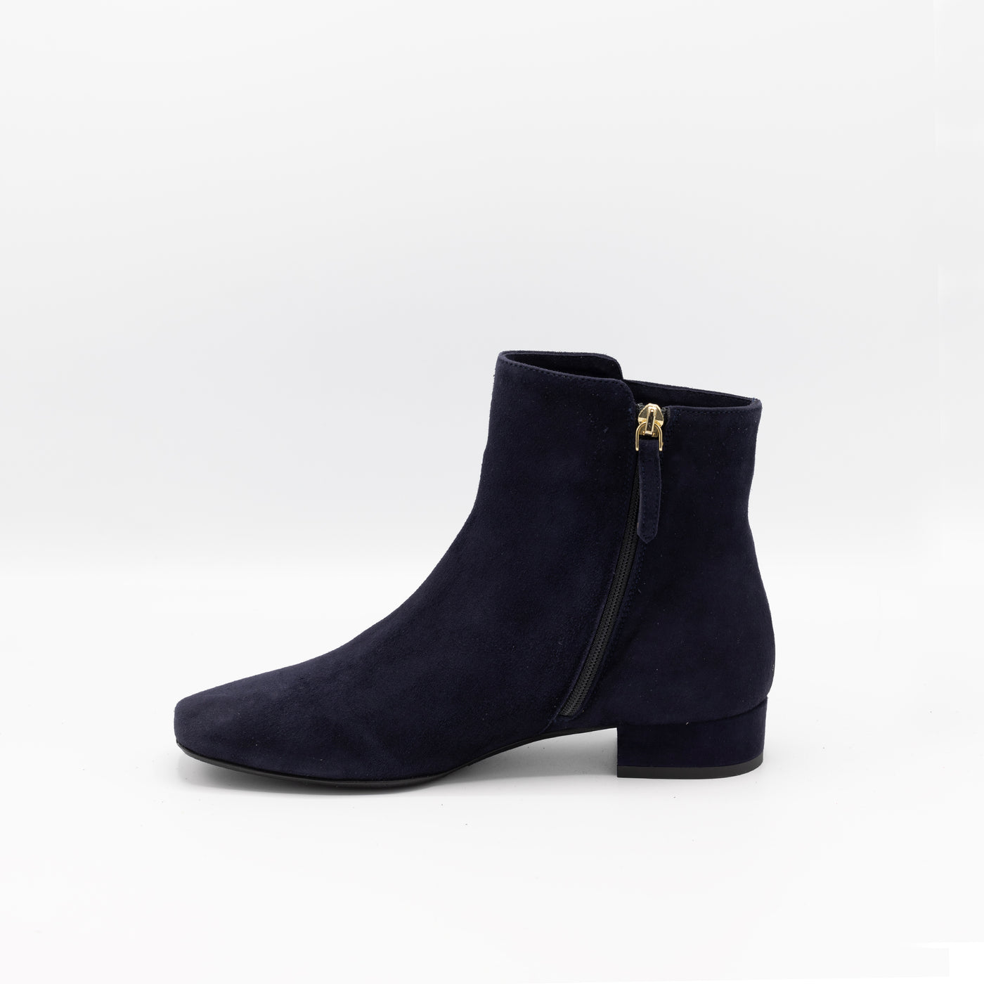 navy blue suede ankle boots with zipper