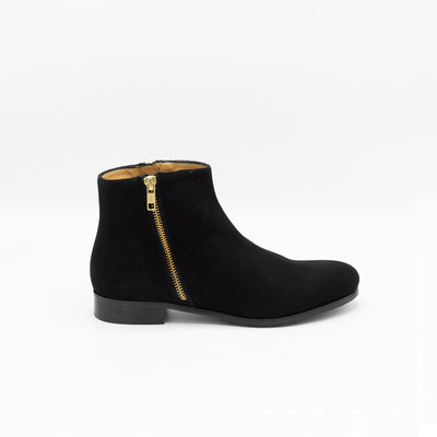 Black suede ankle boots with gold zipper