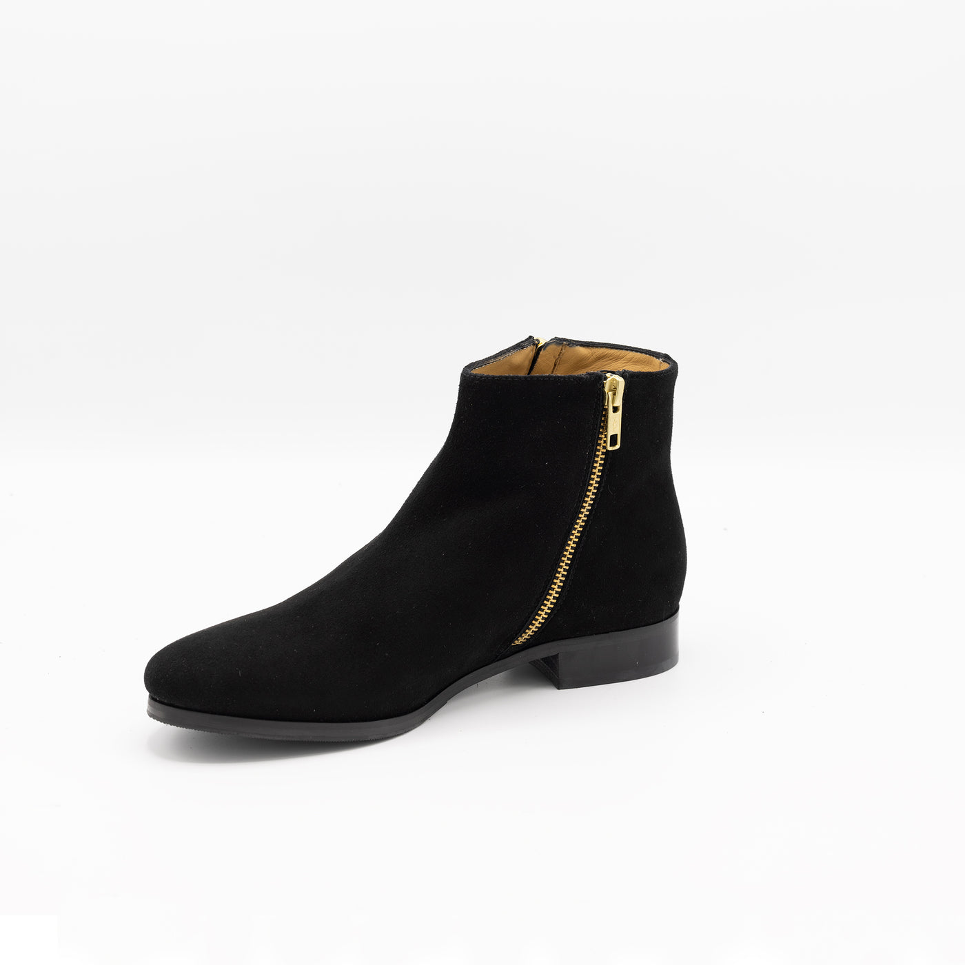 Black suede ankle boots with zippers on the sides