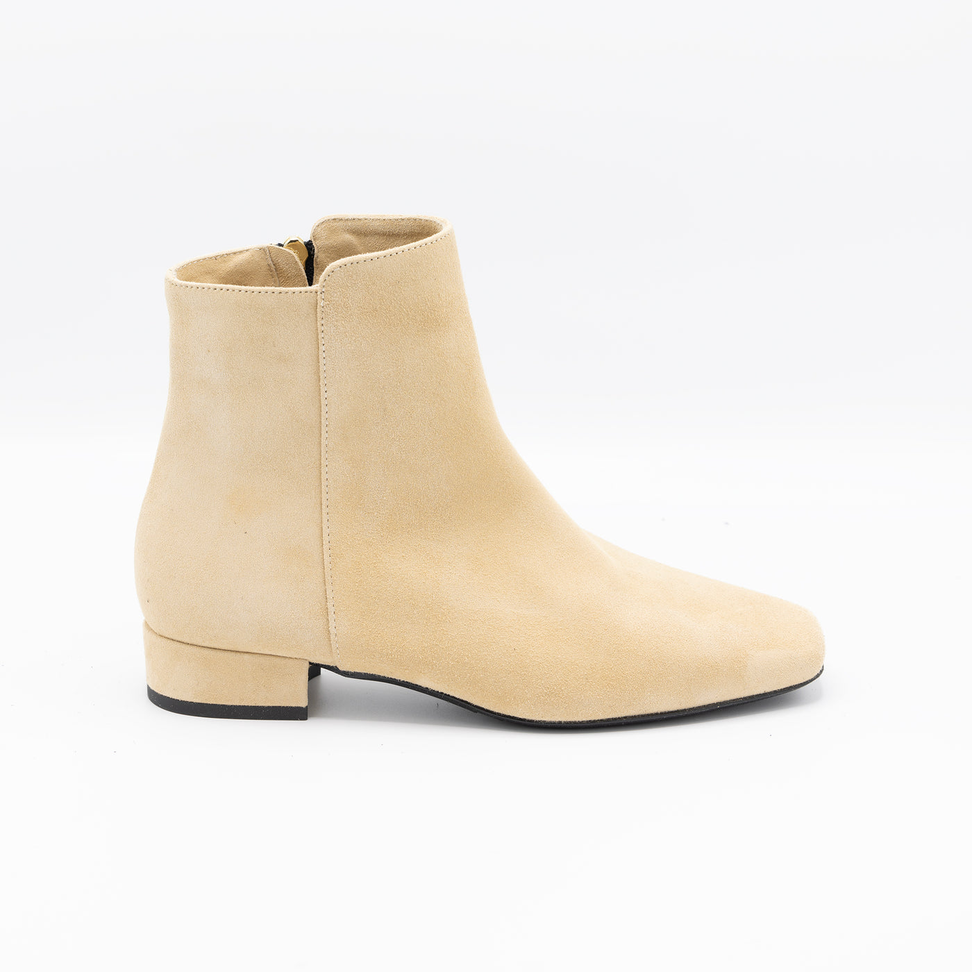 Beige suede minimalistic ankle boots with square shaped toe