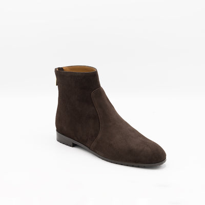 Flat deep brown suede ankle boots with zipper on heel. 
