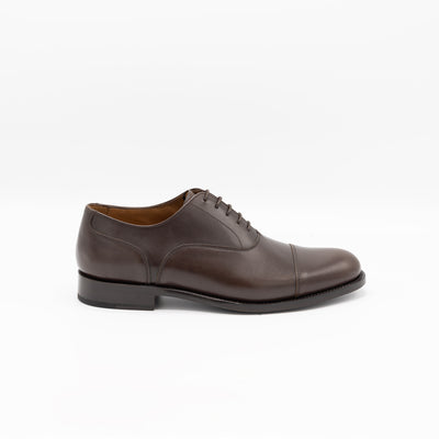 Brown leather derbies with cap toe.
