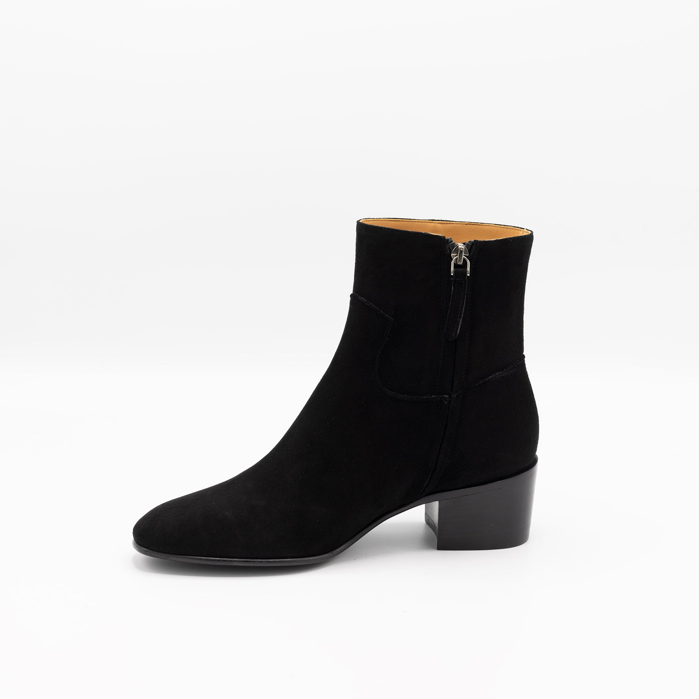 Black suede ankle boots with hidden zipper. 
