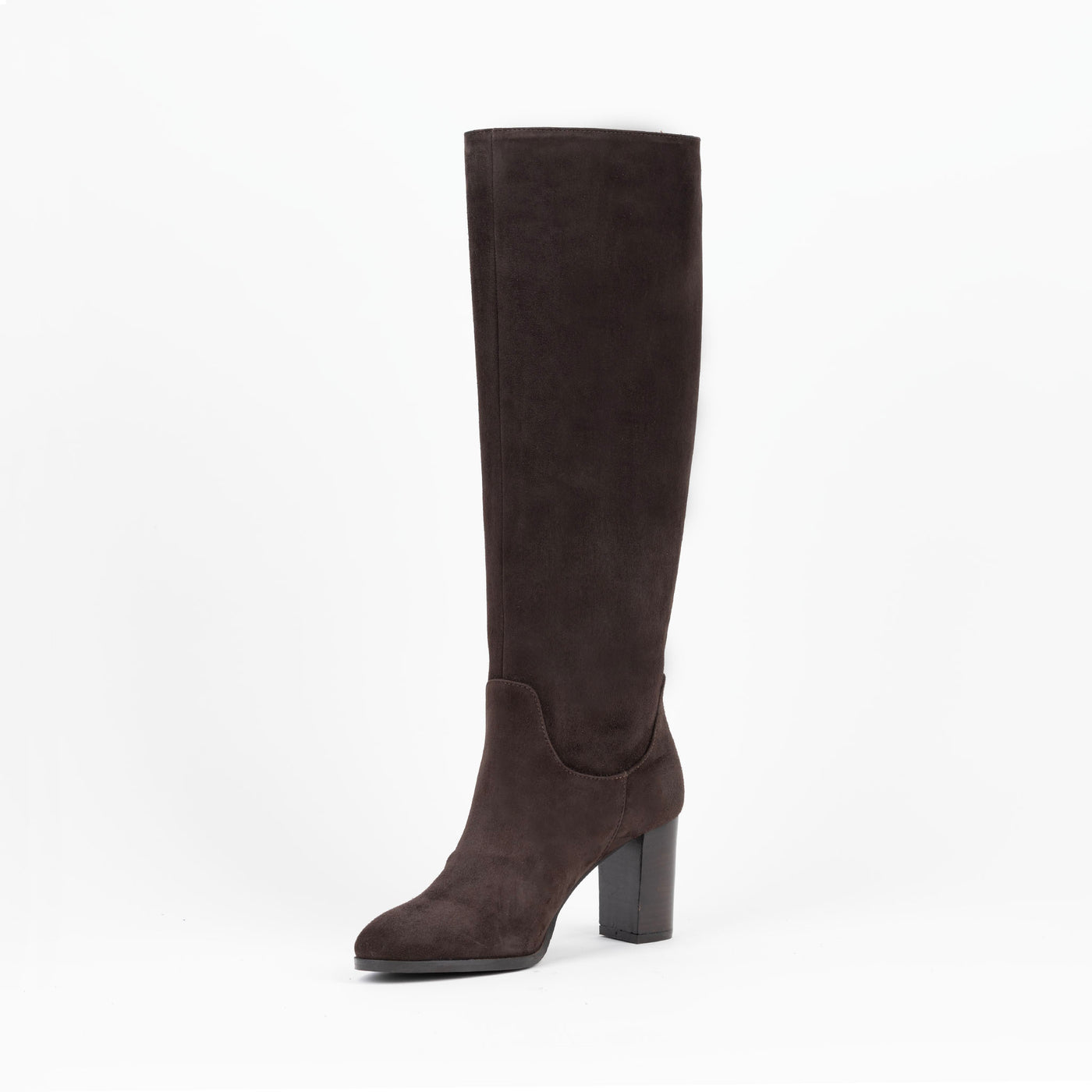 Brown suede pull-on style high heel boots