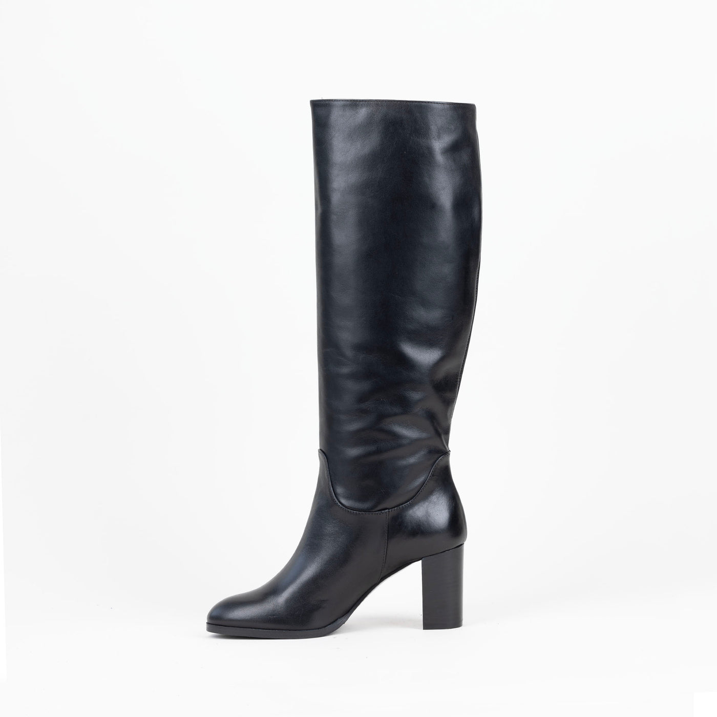 Riding inspired black leather boot with block heel