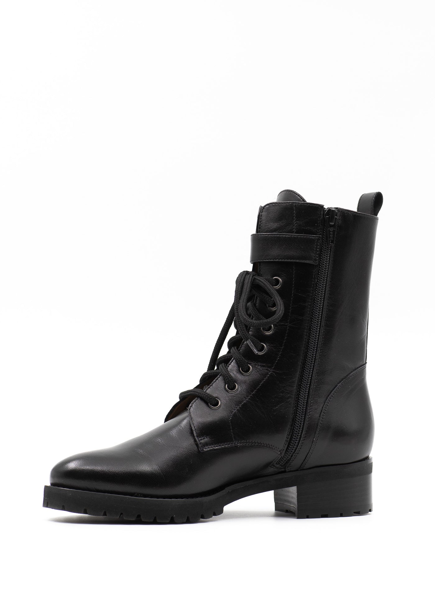 Black leather combat boots for women