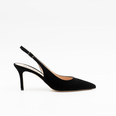 Heeled slingback in black suede leather