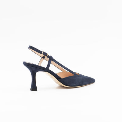 Curved Heel Slingback in Navy Suede