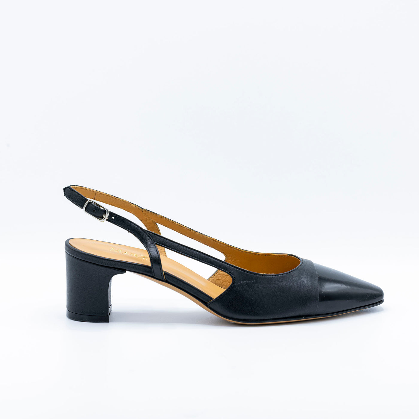 Black two-toned slingback with cap toe. Slingback heel. 