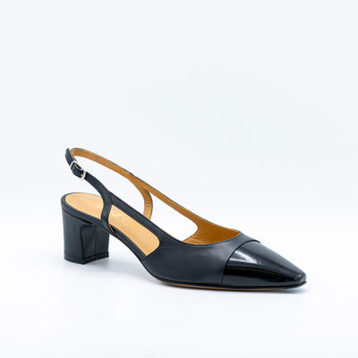 Black two-toned slingback with cap toe. Slingback heel. 