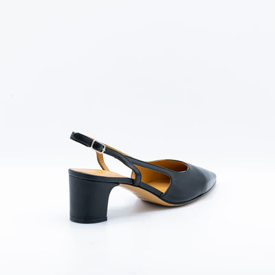 Black two-toned slingback with cap toe. Slingback and block heel.