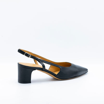 Black two-toned slingback with cap toe. Slingback heel. 