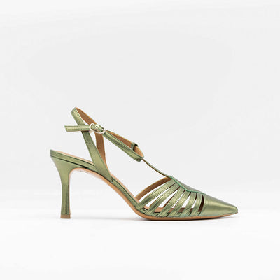 Caged green metallic leather sandals