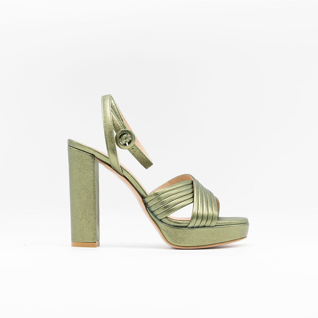 Green metallic leather platform sandals