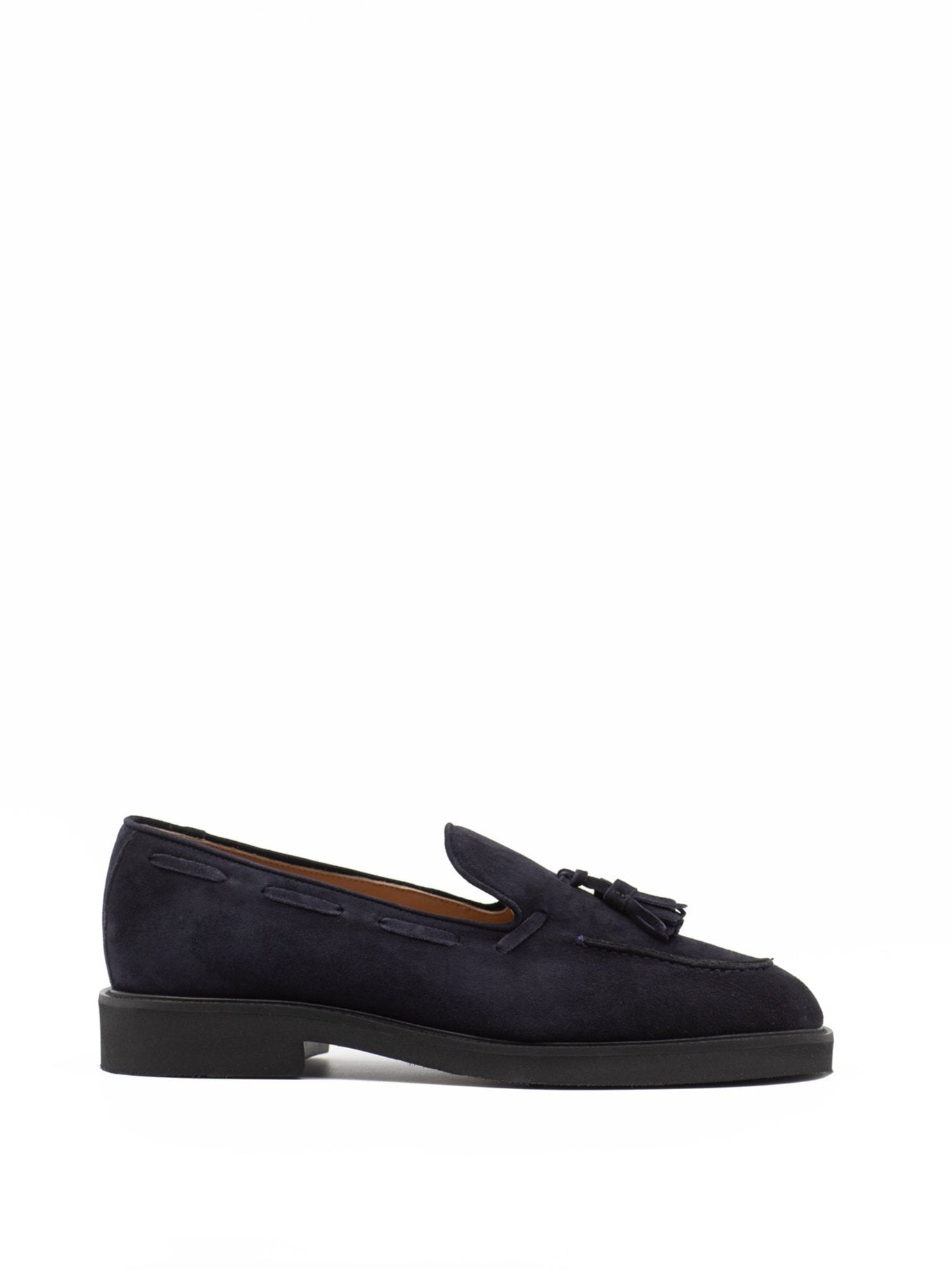 Navy suede tassel loafers with rubber sole