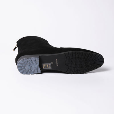 Black leather suede ankle boots with rubber soles. 