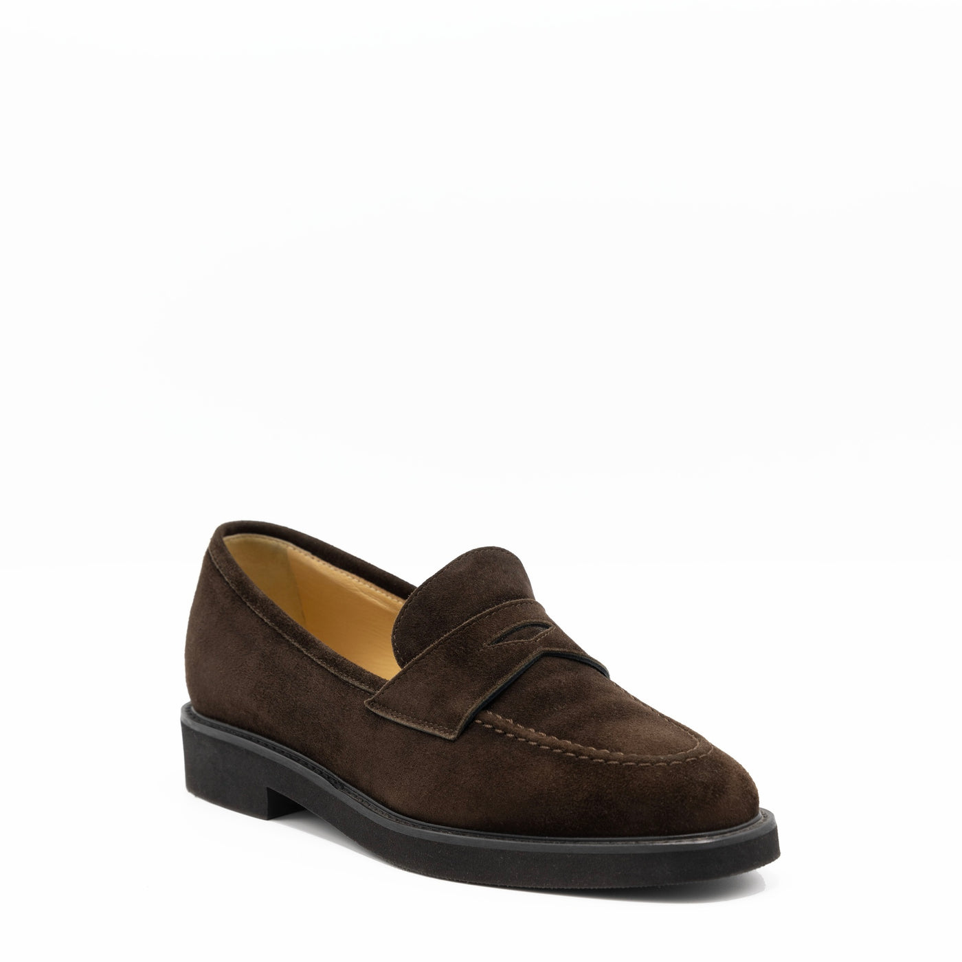 Women's brown suede penny loafers with rubber sole