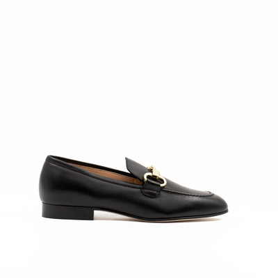 Women's black leather horsebit loafer