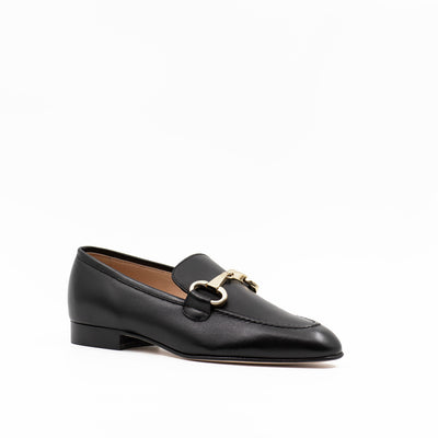 Women's black leather horsebit loafers